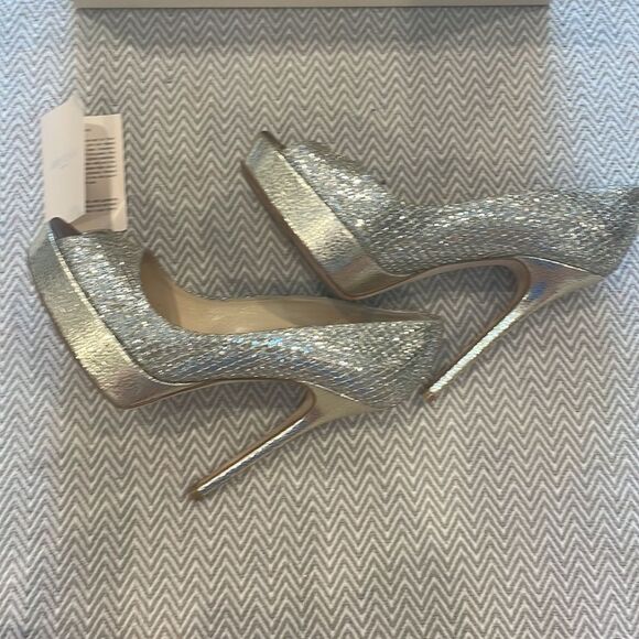 Jimmy Choo Authentic Glitter Fabric Champagne Stiletto Peep Toe Platform… - Picture 6 of 13